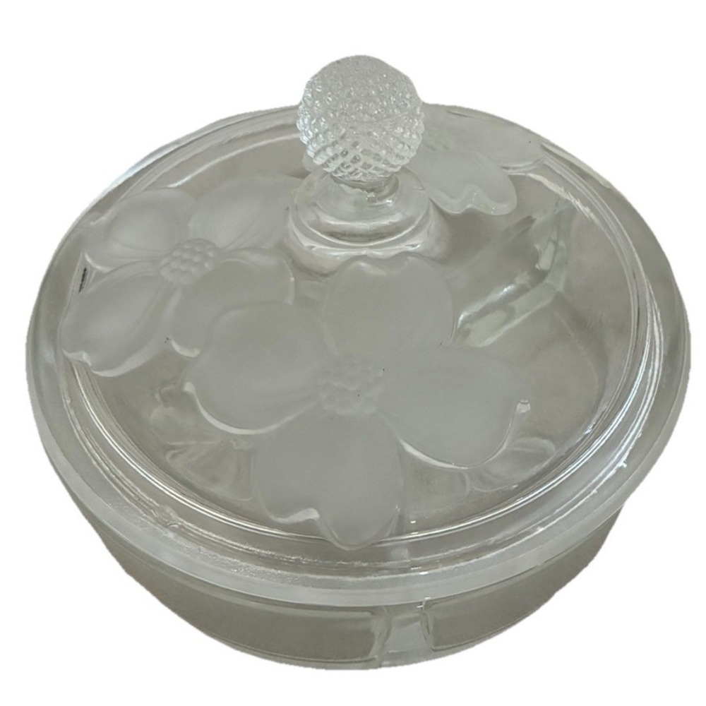Vintage Clear Glass Divided Candy Dresser Dish Box with Lid Frosted Dogwood